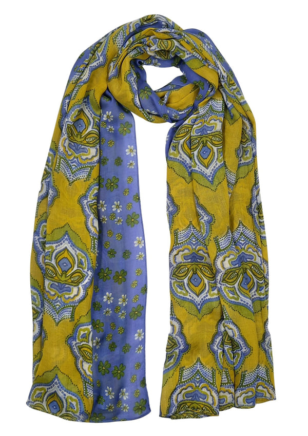Decorative Motif Print Scarf With Running Border (SE-2723_Lime)